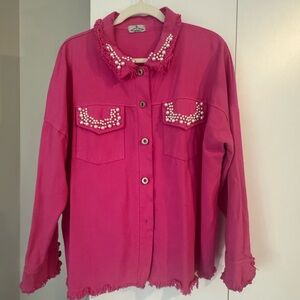 Made in Italy Pink Pearl Embellished Button-Up denim jacket